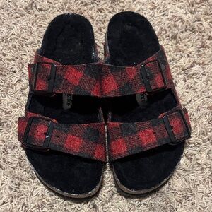 Birkenstock Buffalo plaid/fur sandles